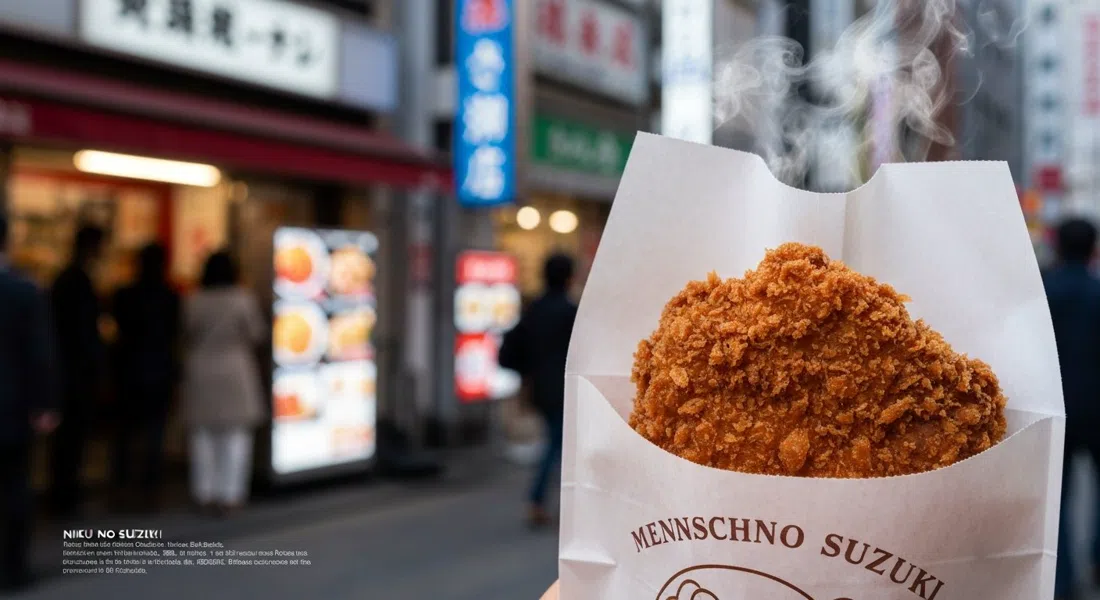 a freshly fried beef menchi-katsu from Niku no Suzuki in a paper packet, crisp crumb and steam visible in late-afternoon light