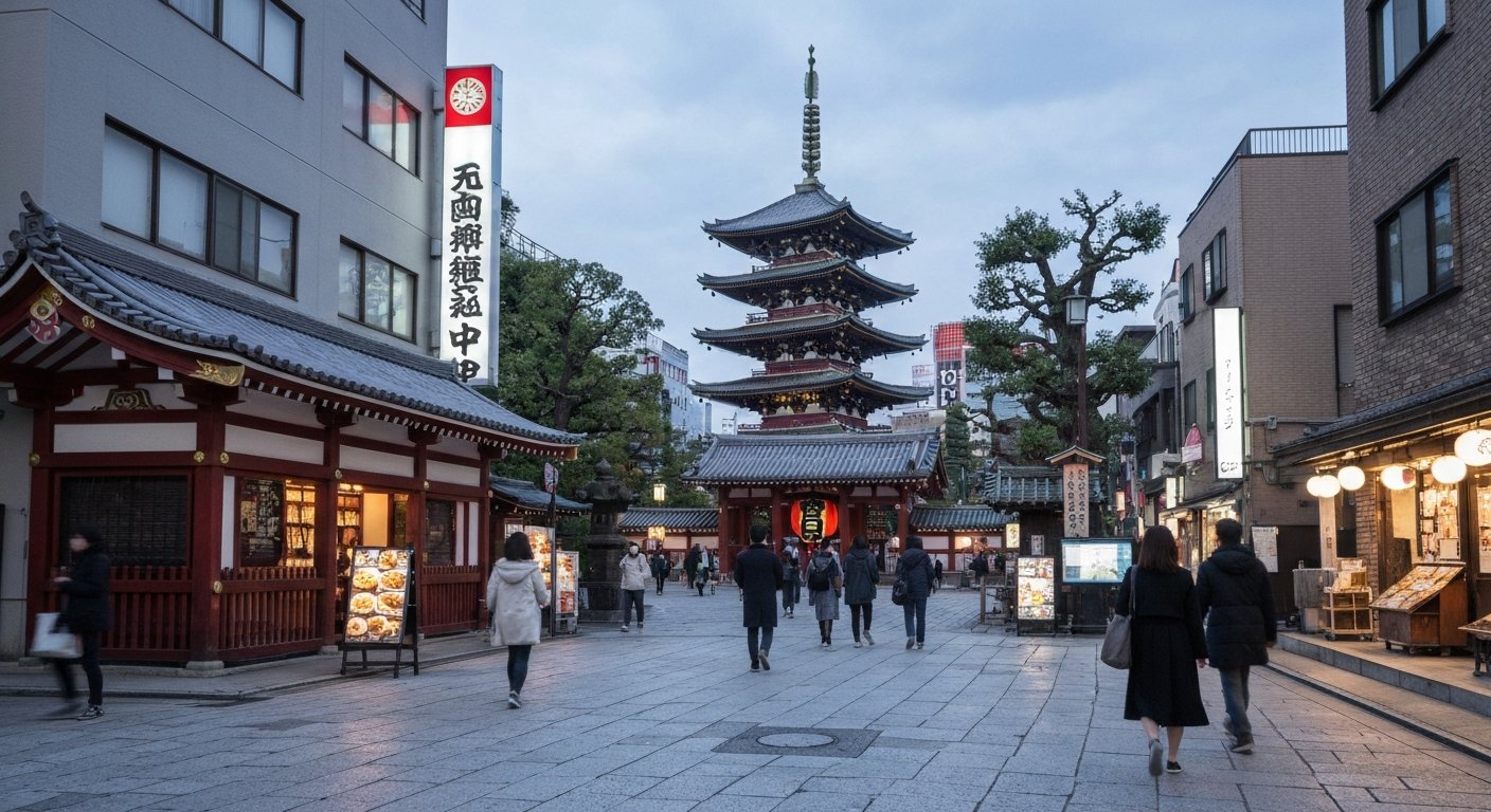 Senso-ji’s main approach in Asakusa at early evening, the temple grounds glowing softly with the five-story pagoda rising behind the Hozomon gate