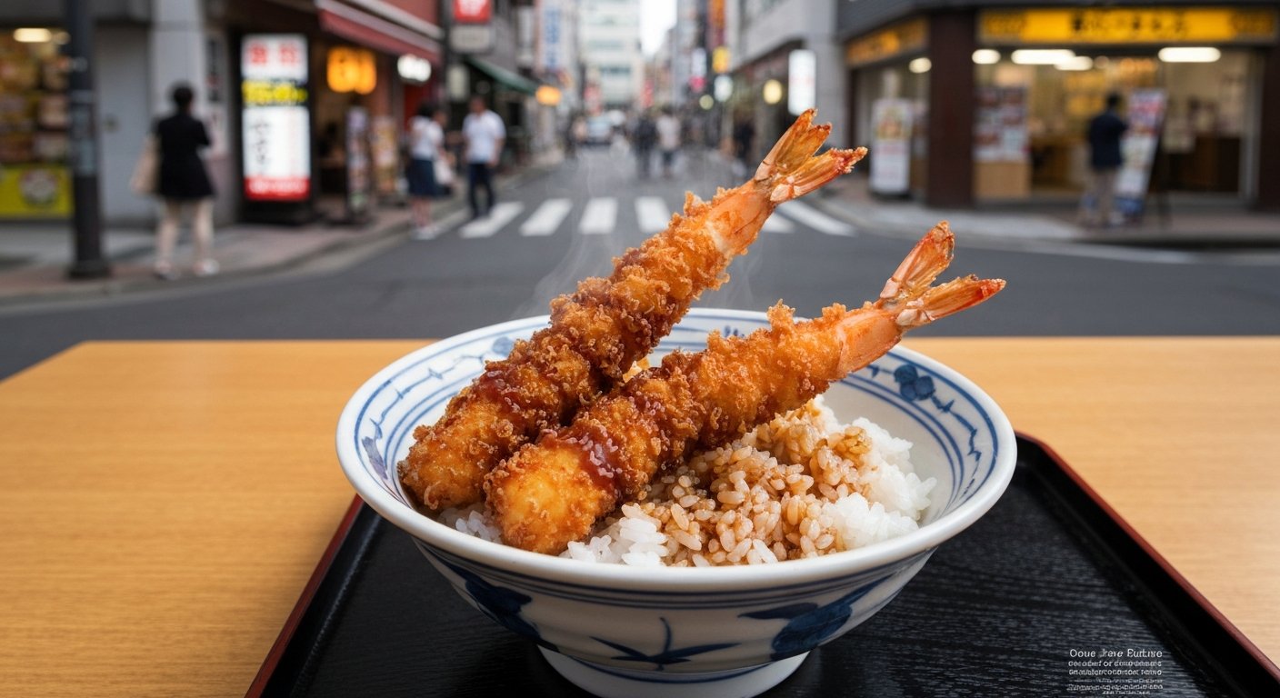 a steaming bowl of prawn tempura rice at Daikokuya on Denboin Street, dark sauce glossing the rice under warm restaurant light