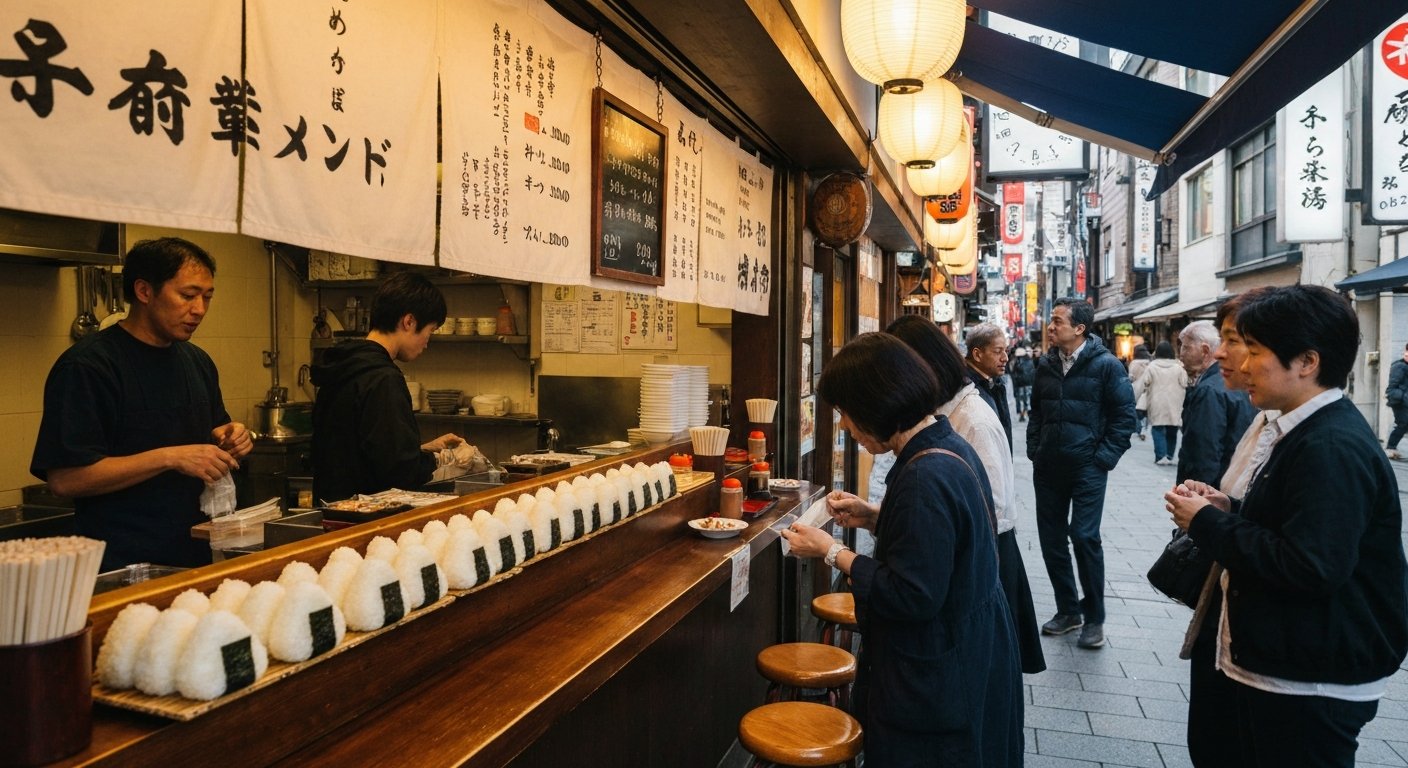 a counter at Onigiri Asakusa Yadoroku with freshly formed rice balls lined up at a tiny seat-yourself counter, simple lunch light and a handwritten menu in view
