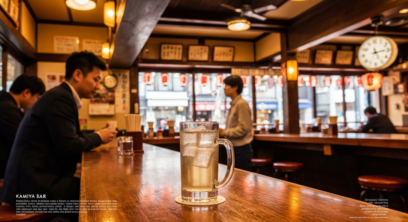 Kamiya Bar in Asakusa with its old-fashioned standing-room interior, a glass of Denki Bran on the counter and late-afternoon light through the windows
