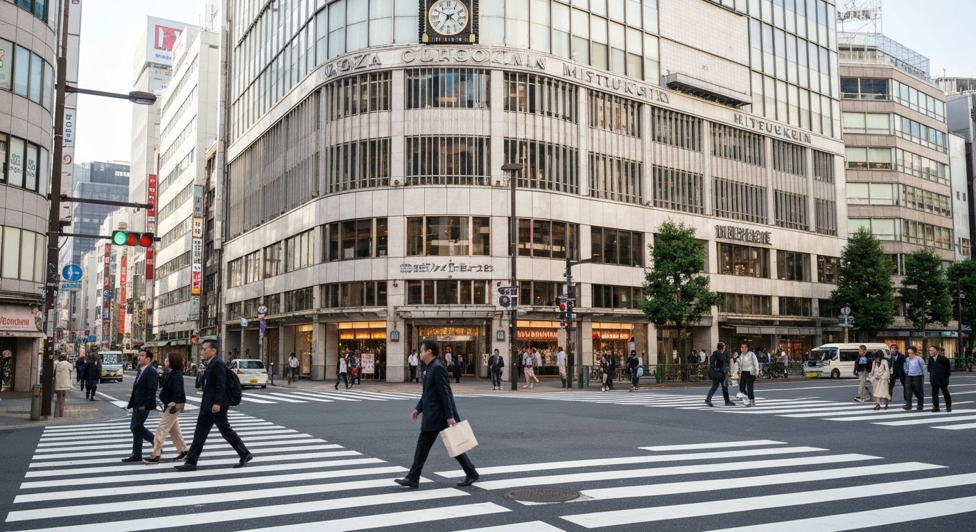 the Wako clock tower and Ginza Mitsukoshi facing each other at the 4-chome crossing, with pedestrians crossing Chuo-dori under bright daytime light