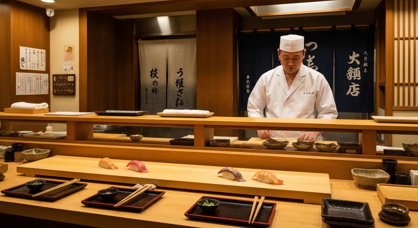 a sushi counter at Ginza Kyubey with an intimate Edomae omakase setting, neatly sliced nigiri on the board and a chef working in warm counter light