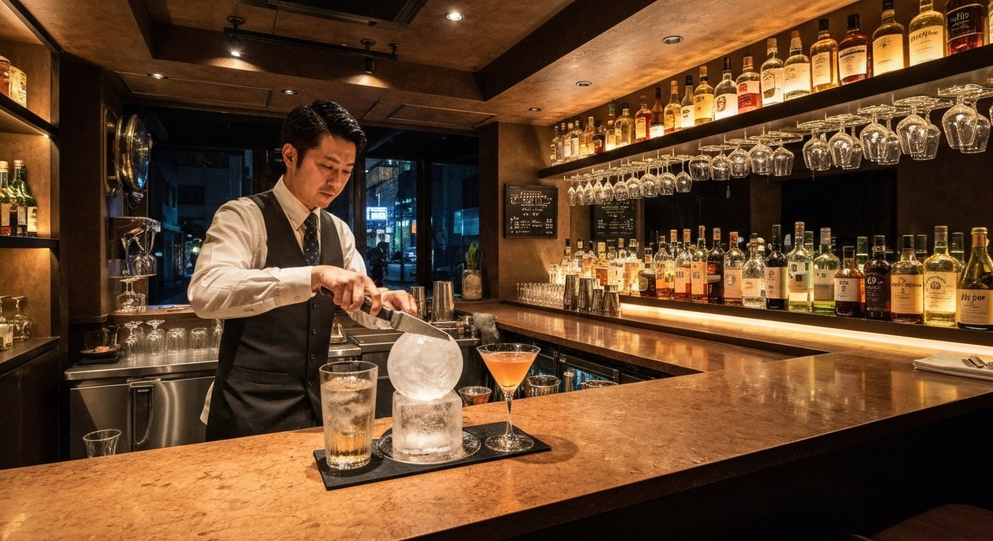 the intimate basement bar at Bar High Five in Ginza, a bartender carving a clear sphere of ice beside a bespoke cocktail on a polished counter