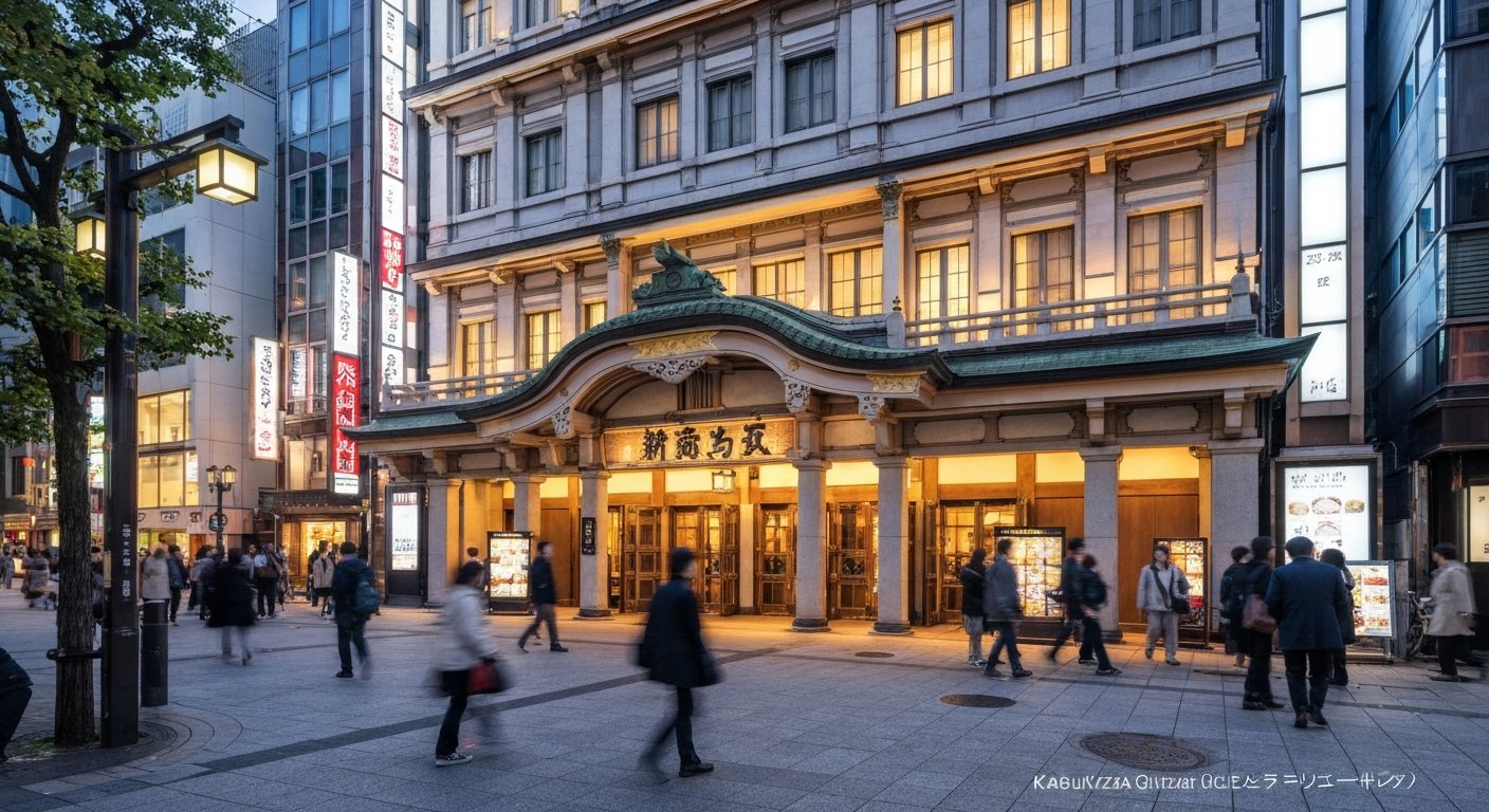 Kabukiza Theatre in Ginza at dusk, its grand facade lit softly with the 5th-floor gallery and rooftop garden implied above the entrance