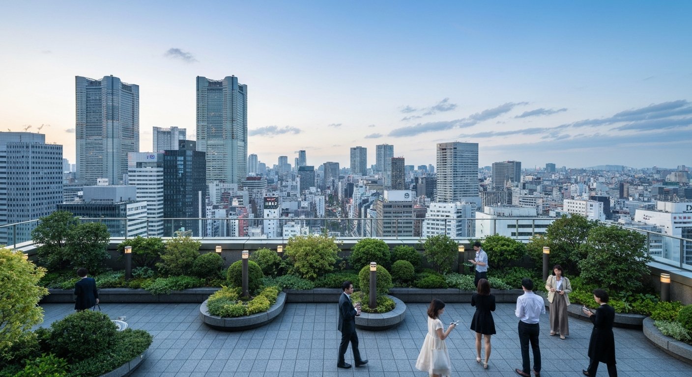 the 13th-floor rooftop garden at Ginza Six with Tokyo skyline views, greenery and the polished district spread below in late afternoon light