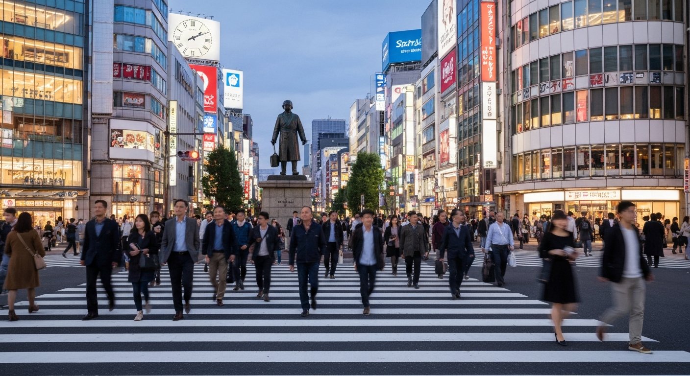 the Shibuya Scramble Crossing at dusk, pedestrians streaming through all five directions beside the Hachiko statue and station lights