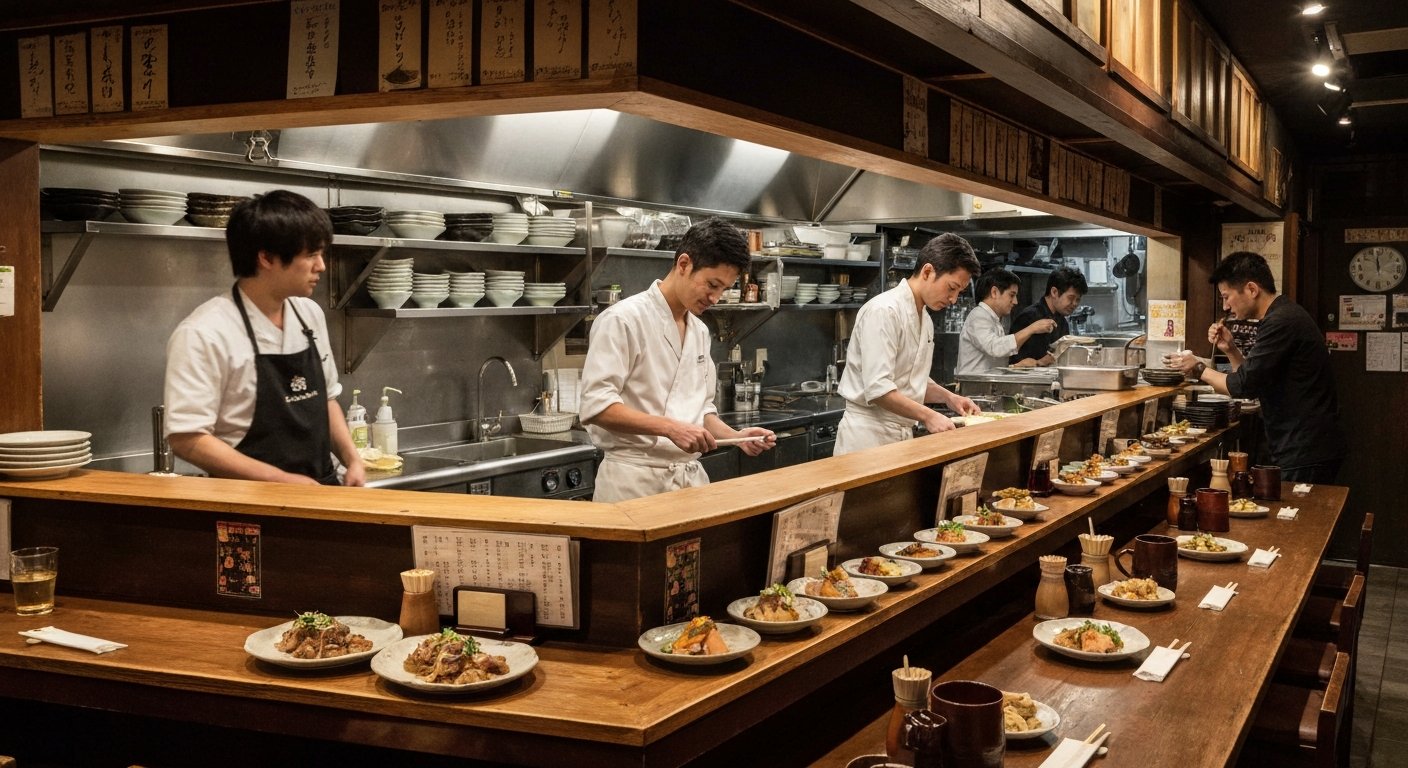 Shokkan’s open kitchen in a basement izakaya, chefs plating inventive Japanese small plates under warm counter lighting