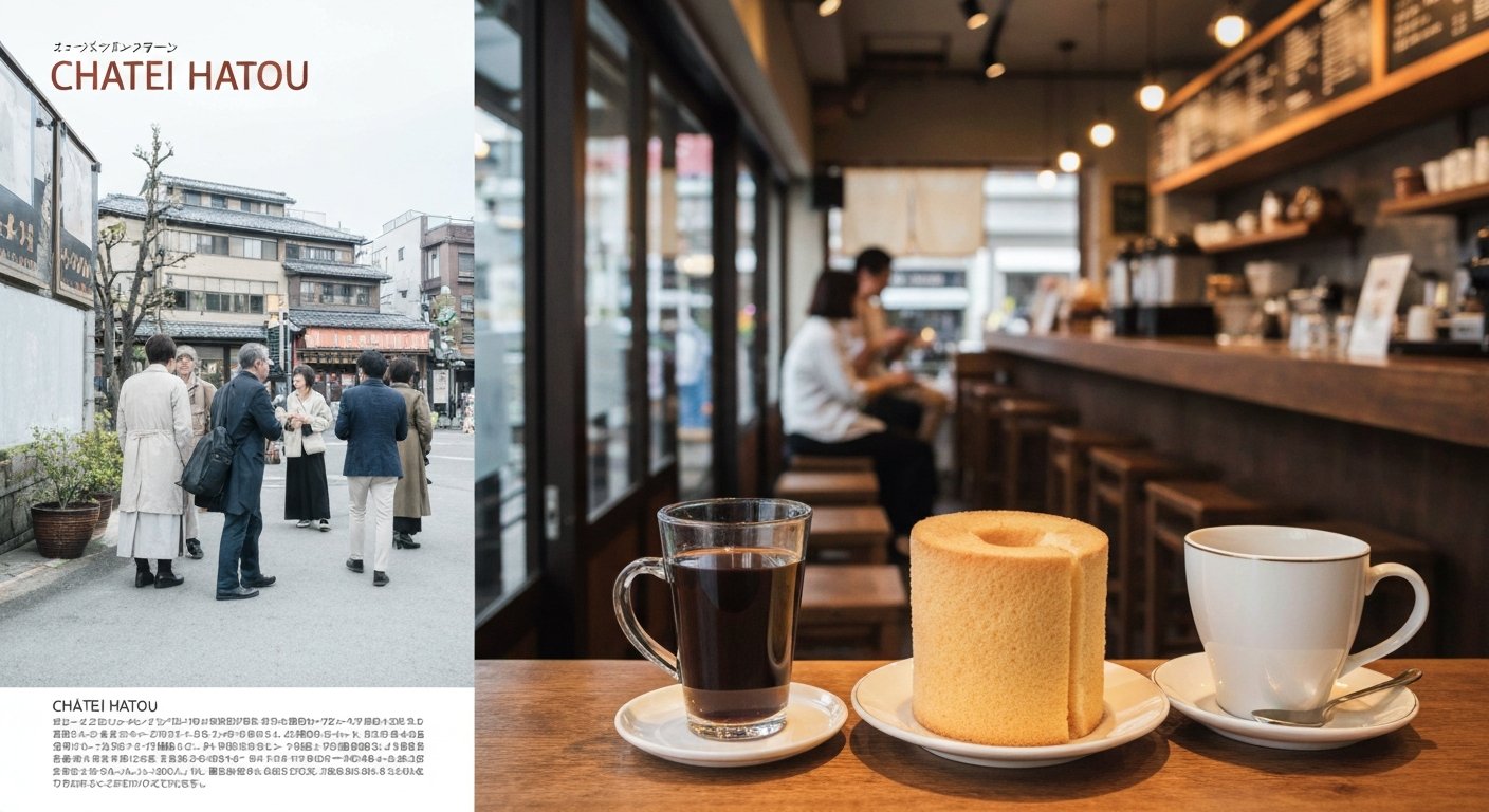 Chatei Hatou’s intimate kissaten interior, a hand-dripped coffee and tall chiffon cake on a chosen cup beside the counter