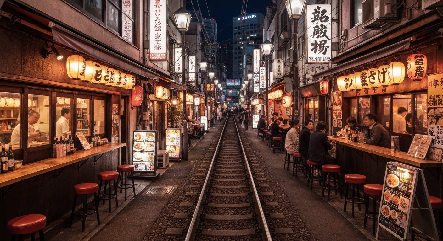 Nonbei Yokocho at night, tiny glowing bar fronts packed into a narrow two-storey alley just north of the tracks