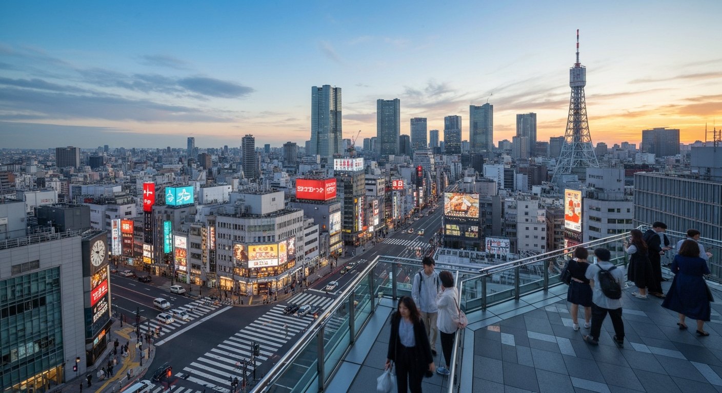 the Shibuya Sky rooftop deck at sunset, the crossing and Tokyo skyline spreading out below the open-air 47th-floor edge