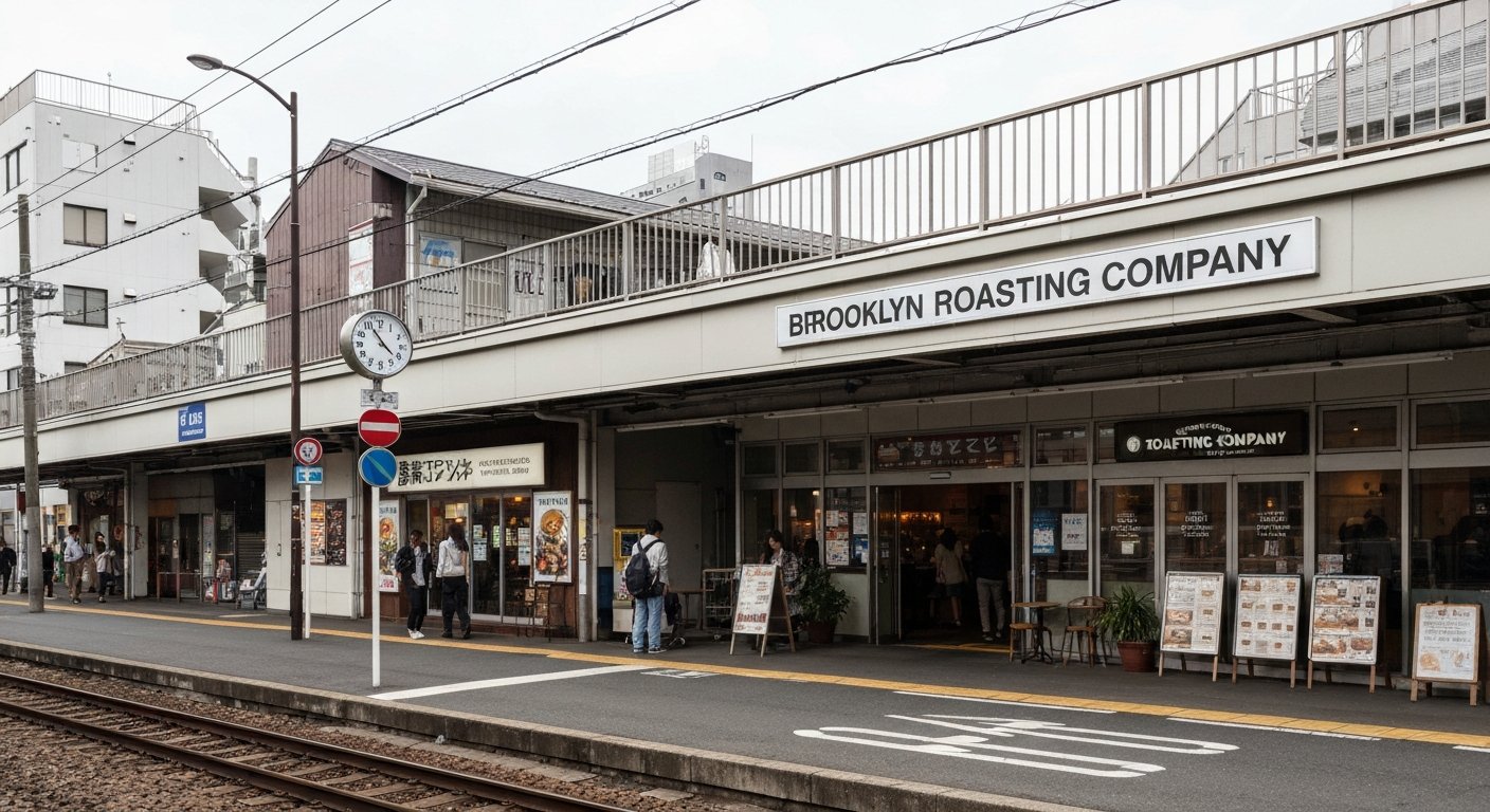 Mikan Shimokita beneath the Keio line tracks in Shimokitazawa, with the Brooklyn Roasting Company entrance and low-slung station-side architecture in daylight
