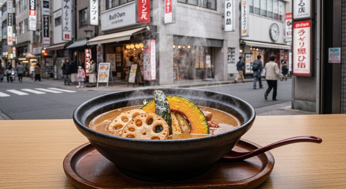 a steaming bowl of build-your-own soup curry at Rojiura Curry Samurai, with roasted lotus root, pumpkin and vegetables in a deep broth