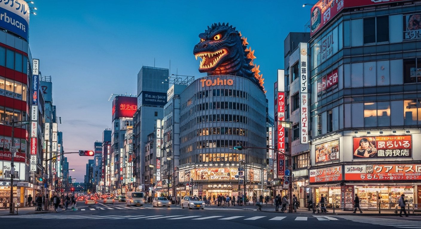 godzillahuvudet på Shinjuku Toho Building lysande över Kabukicho i skymningen, neonskyltar och gatutrafik nedanför