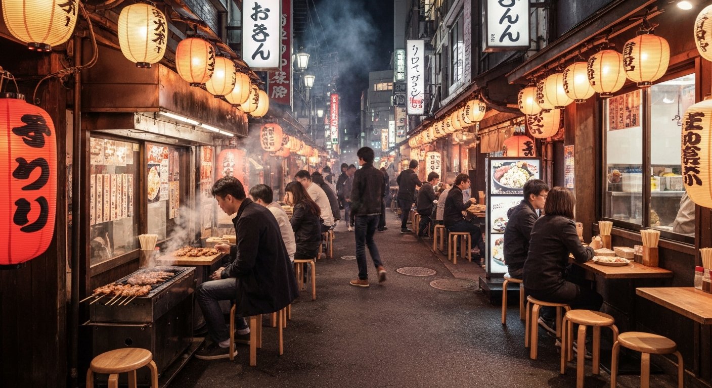 lyktupplyst Omoide Yokocho på natten, rök stiger från yakitorigrillar, små pallar packade tätt i gränden