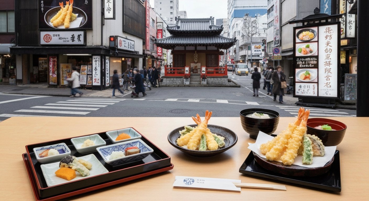 en tallrik med tempura-lunchset på Tempura Shinjuku Tsunahachi, blekgyllene räkor och grönsaker i en återhållen traditionell miljö