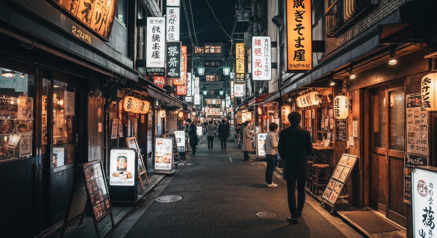 Golden Gai på natten, smala gränder kantade av små upplysta barer skyltar och tätt packade ingångar