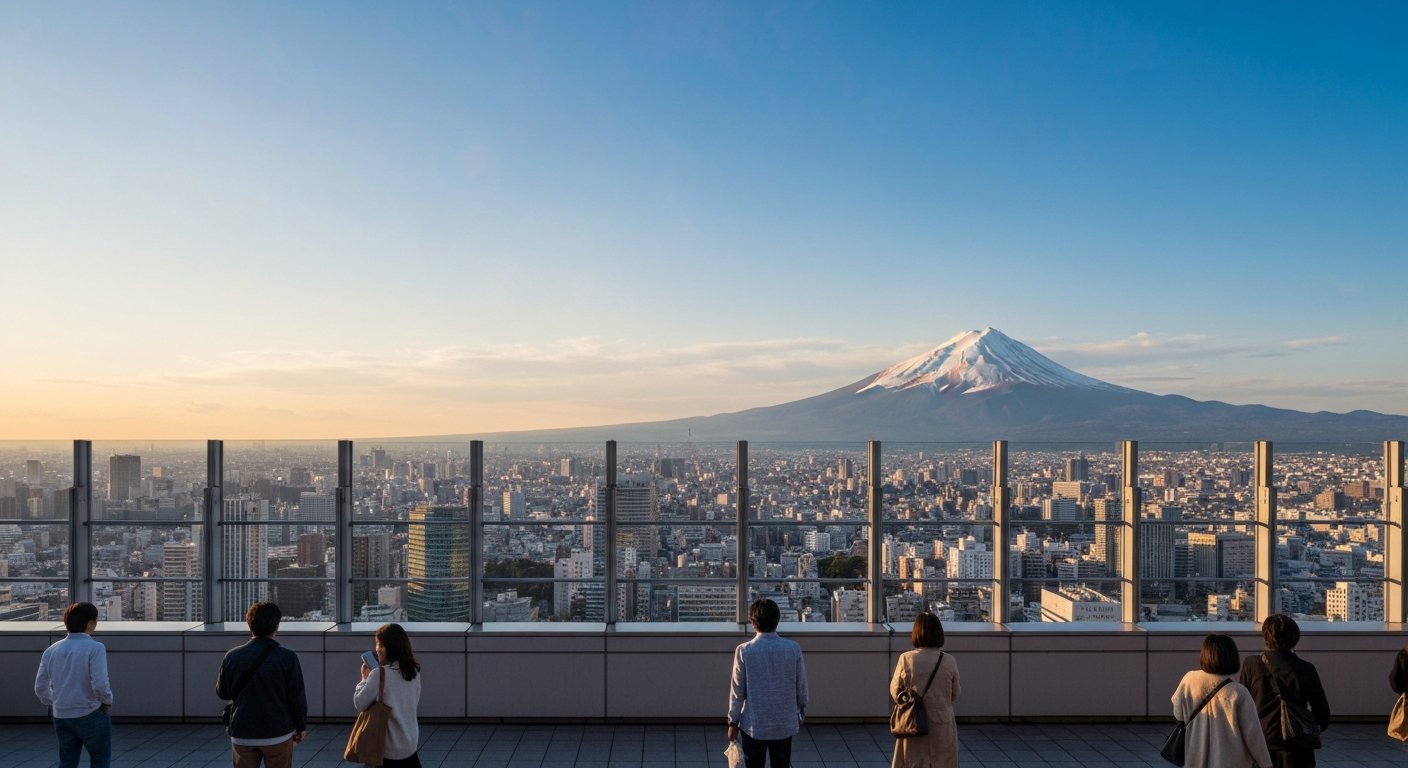 observationsdäcket på Tokyo Metropolitan Government Building i solnedgången, Tokyo utbredd nedanför med avlägsna Mt Fuji vid en klar horisont